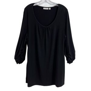 Susan Graver Tunic Top Women's L Liquid Knit Ruched Sleeve Black 3/4 Sleeves